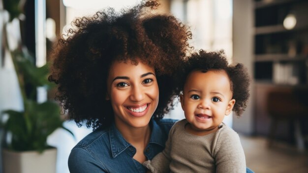 Black woman holds her baby in her arms with a smile on his face at home