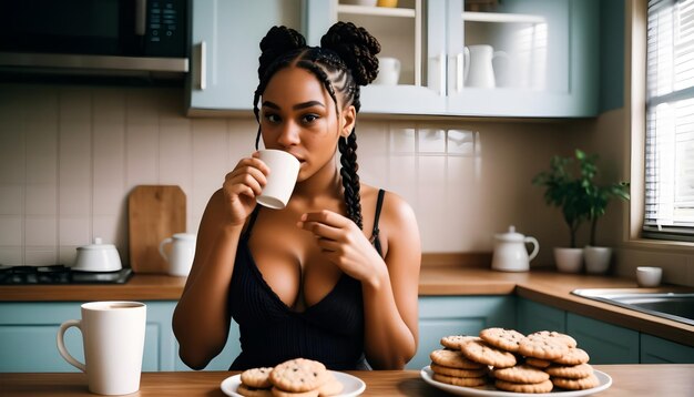 黒人女性が朝食を食べているカップのコーヒーを飲んでいる