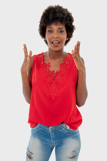 Black woman isolated, smiling in different everyday situations.