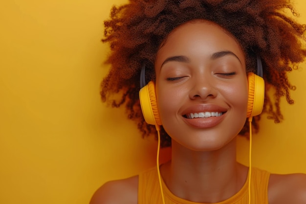 Black woman listening music in headphones