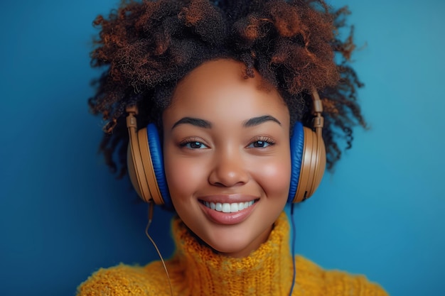 Black woman listening music in headphones