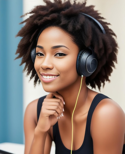 Black woman listening to music with headphones on a city street Illustration Generative AI