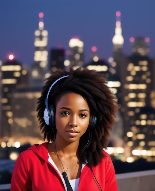 Black woman listening to music with headphones on a city street Illustration Generative AI