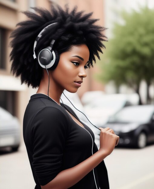 Black woman listening to music with headphones on a city street Illustration Generative AI