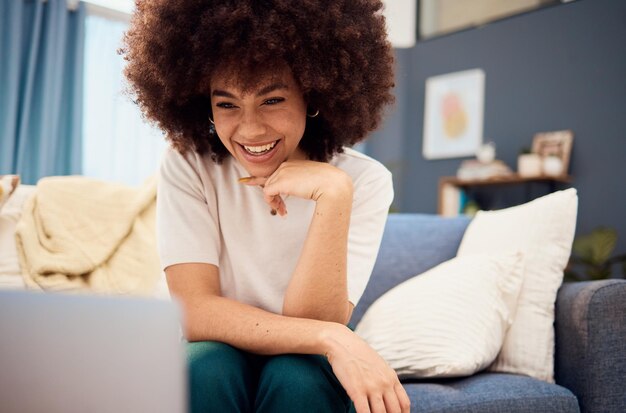 Premium Photo | Black Woman In Living Room Laptop And Video Call.