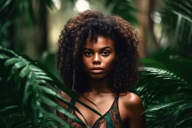 Black woman looks out of jungle portrait of native female person in forest generative AI