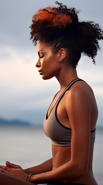 black woman in lotus pose on the beach