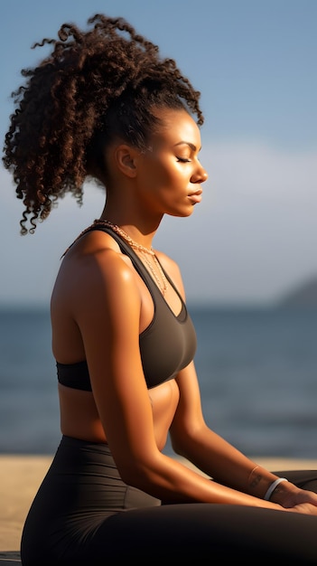 black woman in lotus pose on the beach