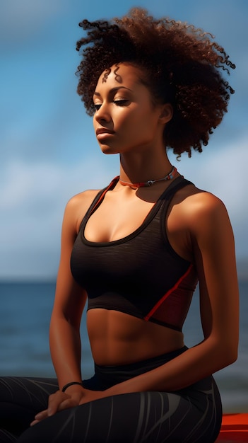 black woman in lotus pose on the beach