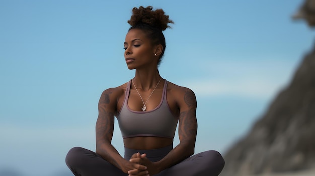 black woman in lotus pose on the beach