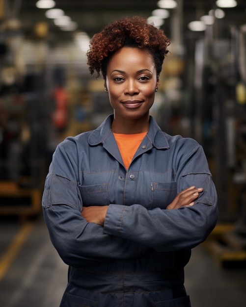 Photo black woman manufacturing worker in facility with arms folded