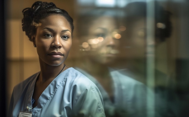 Черная женщина-медсестра и лицо в больнице доверяют доверию и серьезной медицинской клинике для профессионалов
