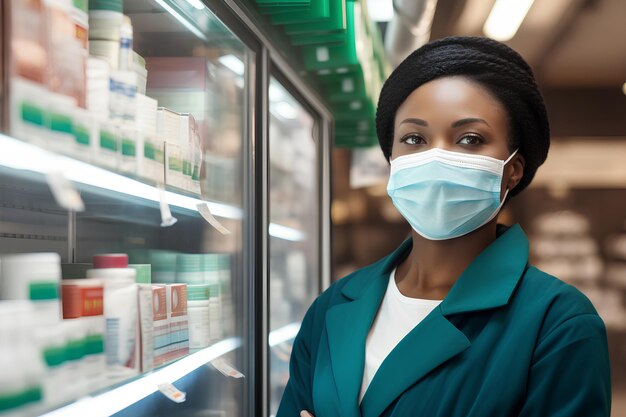 black woman pharmacist with mask in the pharmacy