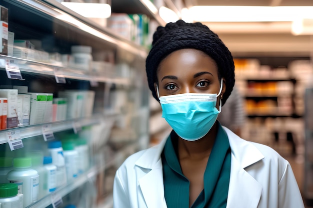 薬局でマスクをかぶった黒人女性薬剤師