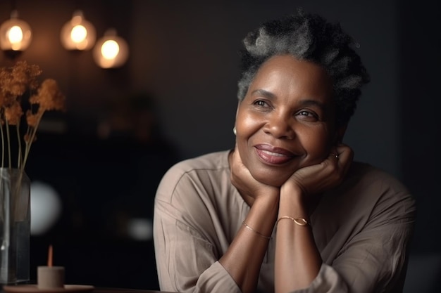 Фото Портрет чернокожей женщины и улыбка дома в расслабленной пенсии, в то время как идея спокойна и уверена