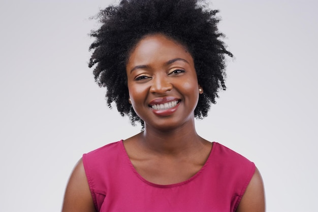 Black woman portrait and happiness in studio for internship business and startup company Project manager African female person smile and pride white background for creative venture in job