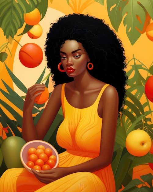 Портрет черной женщины с тропическими фруктами фэнтезийная иллюстрация ai генеративный