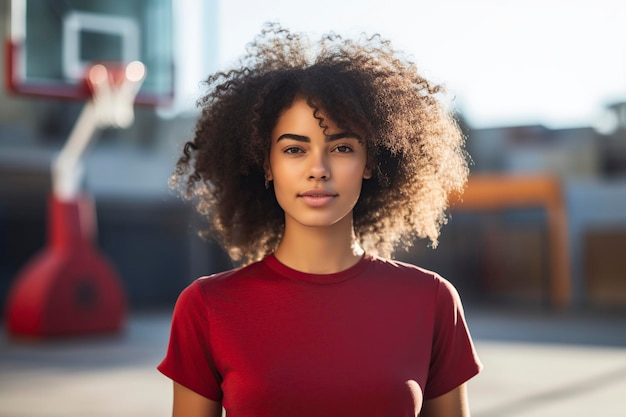 black woman posing in front of the camera on a basketball court