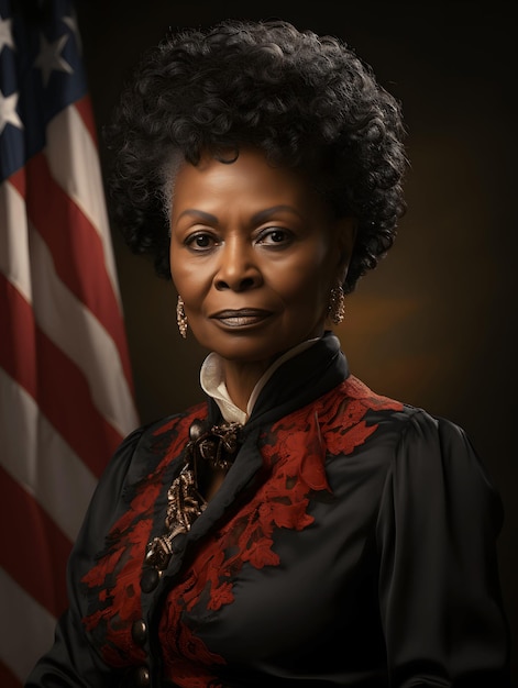 Black Woman Posing for a Official Presidential Photo and USA Flag on the Background