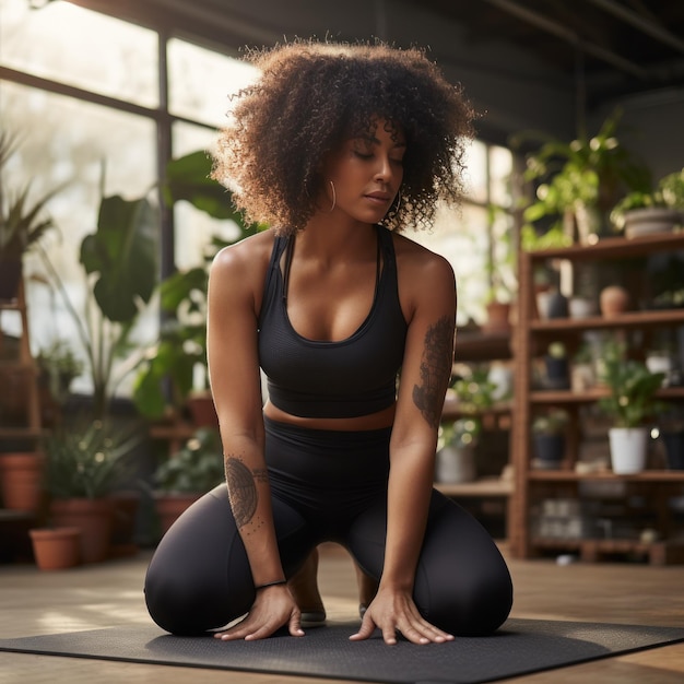 Photo a black woman practicing yoga