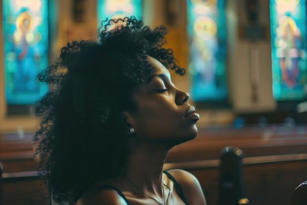 Photo black woman praying in church cinematic effect
