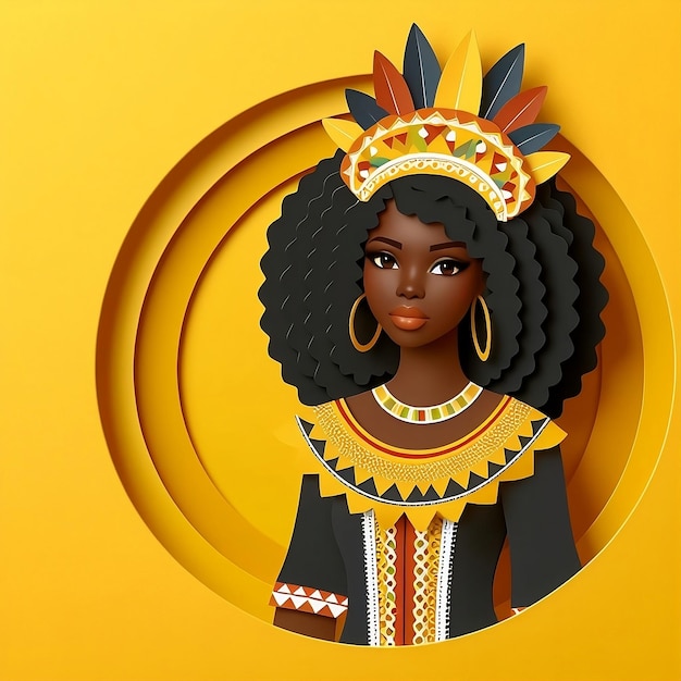 Черная женщина, представляющая свою богатую культуру Афроамериканская женщина носит традиционную одежду на желтом