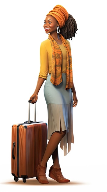 Black woman pulling suitcase wearing casual clothes
