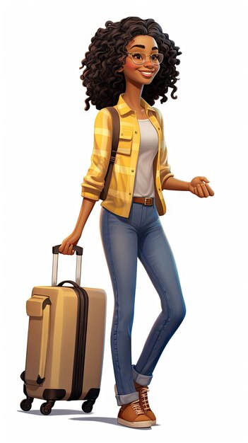 Black woman pulling suitcase wearing casual clothes