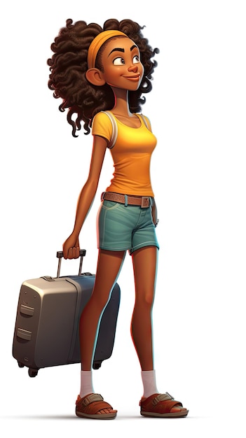 Black woman pulling suitcase wearing casual clothes