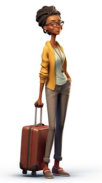 Black woman pulling suitcase wearing casual clothes