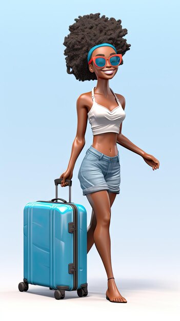 Black woman pulling suitcase wearing swimming suit