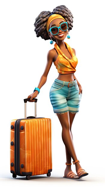 Black woman pulling suitcase wearing swimming suit