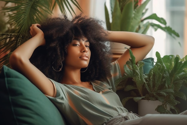 Black woman resting on sofa at living room Generative AI