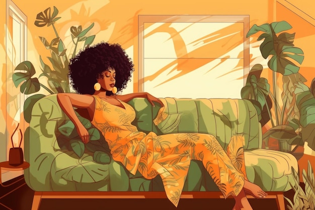 Black woman resting on sofa at living room Generative AI