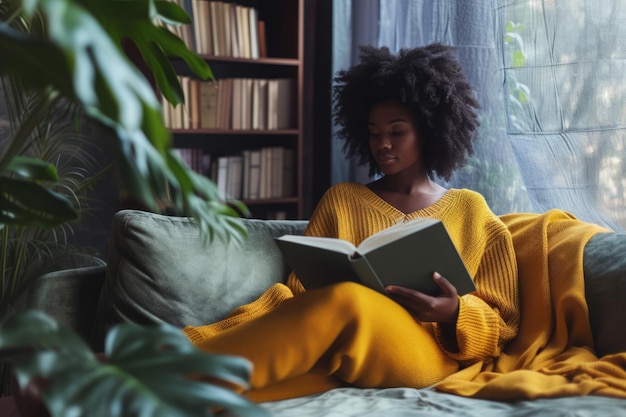 Black woman on resting on sofa with book in living room