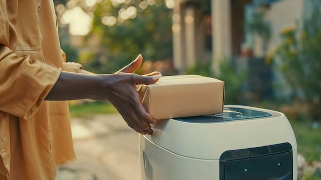 Black Woman Retrieving a Package From a Futuristic Delivery Robot Future Of Delivery