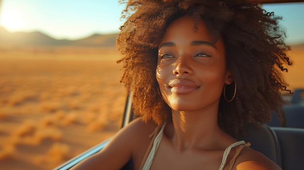 도로 위의 흑인 여성은 차 창문에서 사막의 전망을 즐기고 있습니다. 그녀는 남아프리카 공화국에서 휴가 도로 여행을 여행하고 있습니다.