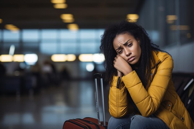 Photo black woman sad because she missed her flight at the airport