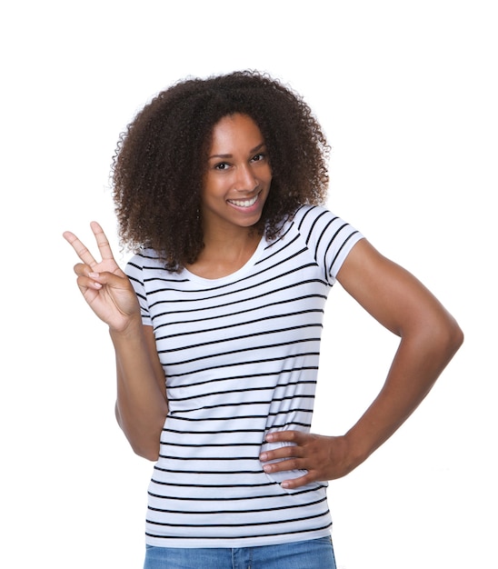 Black woman showing two fingers peace sign