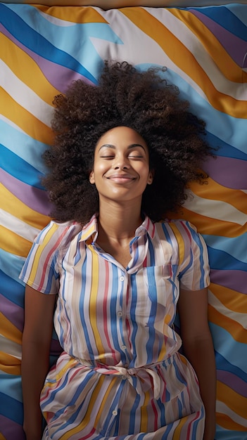 Black woman sleeping smiling on the mattress
