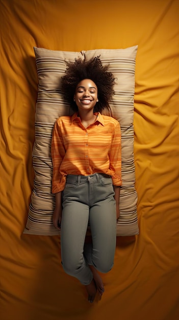 Black woman sleeping smiling on the mattress