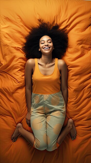 Black woman sleeping smiling on the mattress