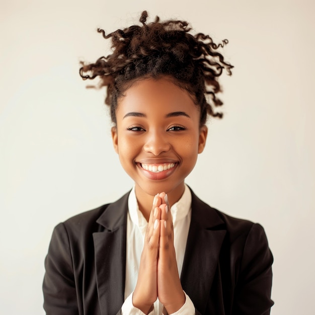 black woman smiling showing thank you namaste gesture grateful standing over white background