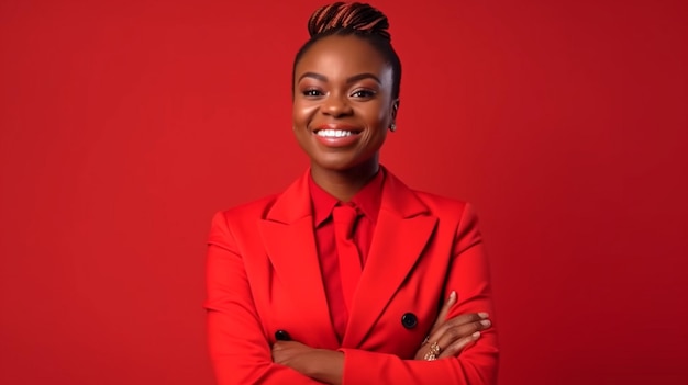 Black woman smiling and staring at camera while wearing red suit against red background generate ai