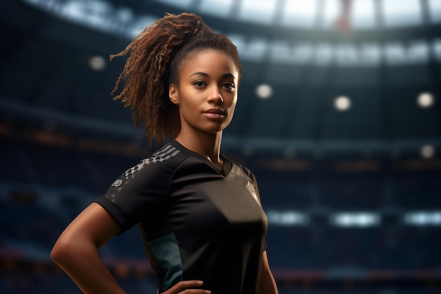 写真 スタジアムの黒人女性サッカー選手