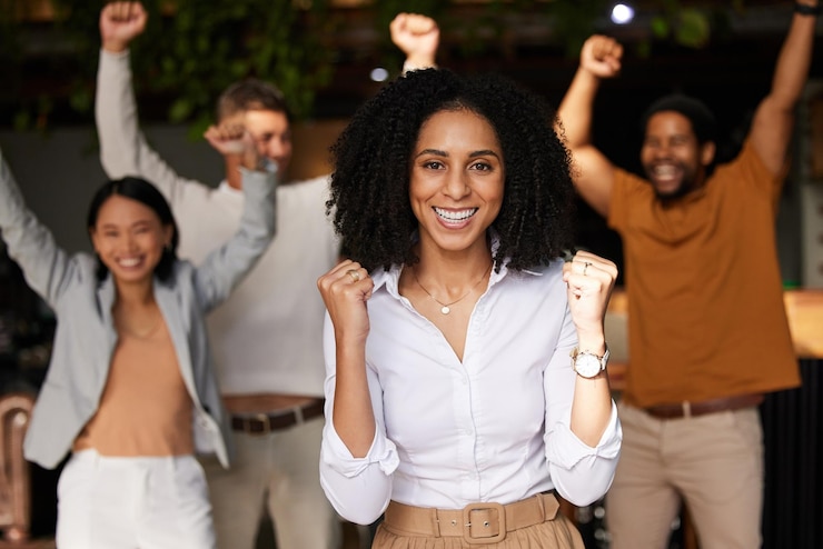 Photo black woman team and business celebration portrait for winning success and achievement diversity men and women with leader celebrate for company growth bonus deal or goals cheering for teamwork