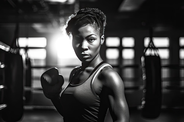 Photo a black woman training boxing at gym generative ai