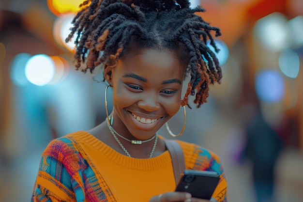 Black woman using social media on a 5G smartphone Generative Ai