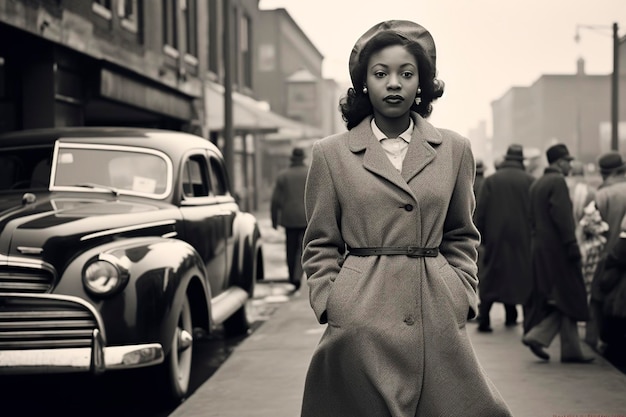 black woman walking for city Detroit in 1950 monochromatic