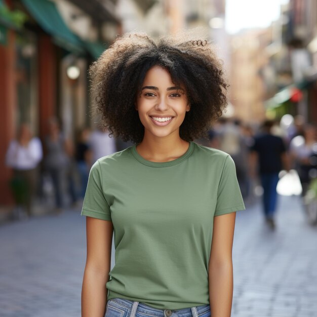 Photo black woman wearing blank empty tshirt for mockup